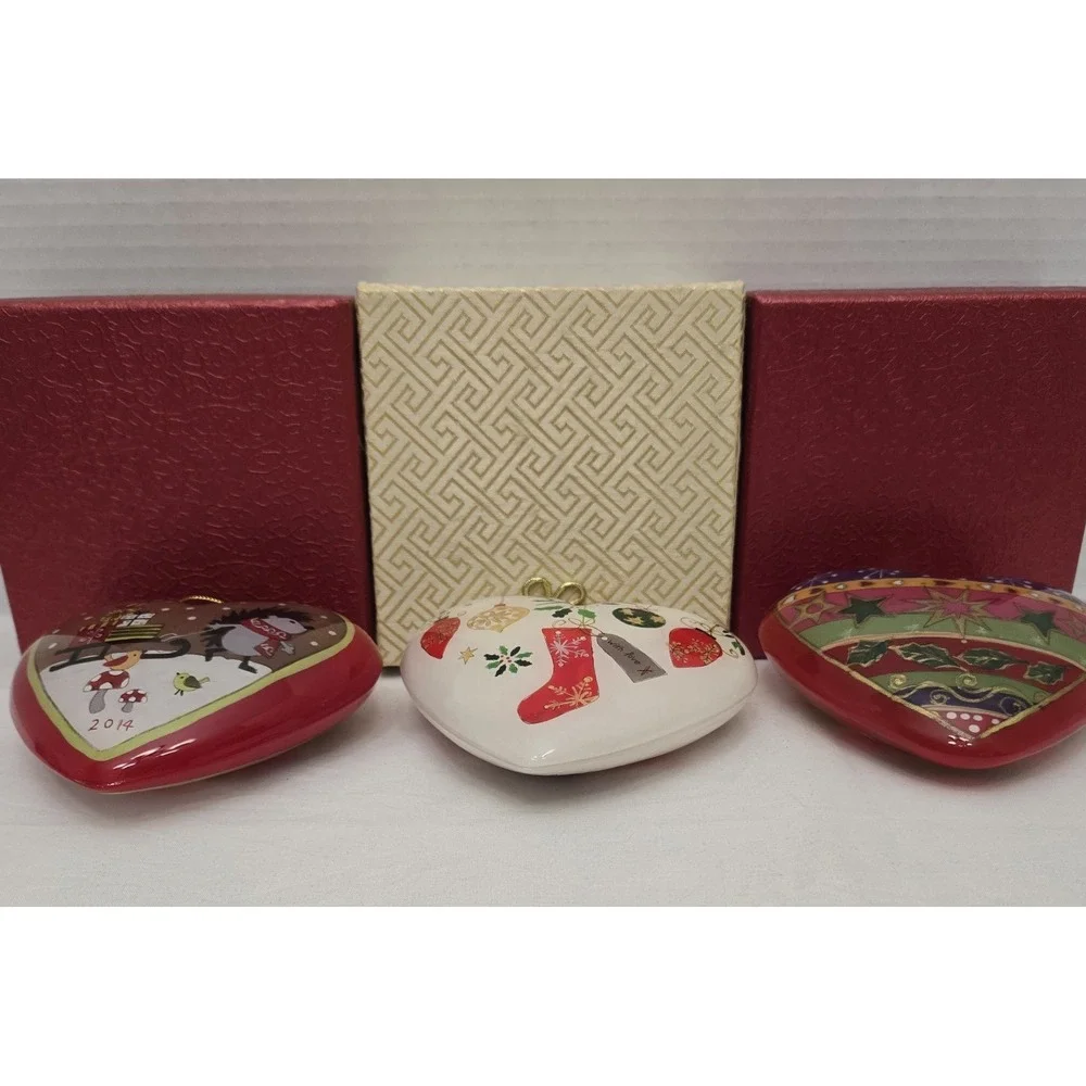 Lot/3 Pier 1 Li Bien Ornaments Hand-Painted Reverse Glass Hearts with Boxes EUC